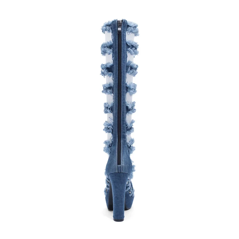 Женские сапоги до колена на высоком каблуке джинсовые гладиаторы платформе