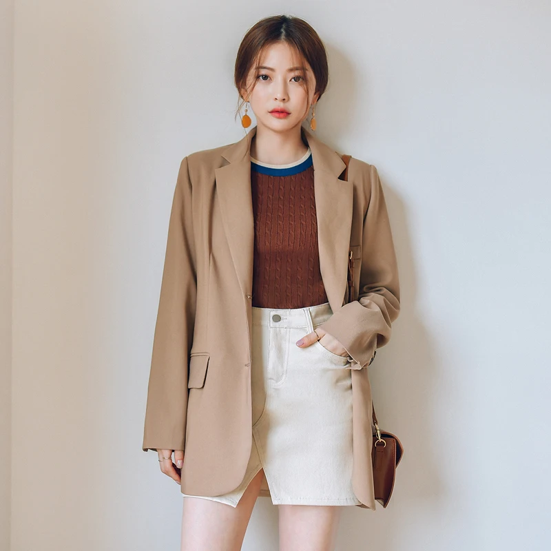 Chic Khaki Women Blazer Notched Single Breasted Loose Jacket 2018 ...