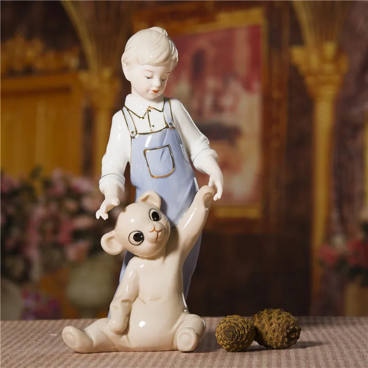 

Porcelain Boy and Teddy Bear Figurine Handmade Ceramics Toy Playing Kid Statue Decoration Craftworks Ornament Present Furnishing