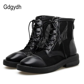 

Gdgydh Womens Shoes Lace Up 2019 Summer New Mesh Ankle Boots For Women Fashion Leather Block Mid-heeled Shoes With Zipper