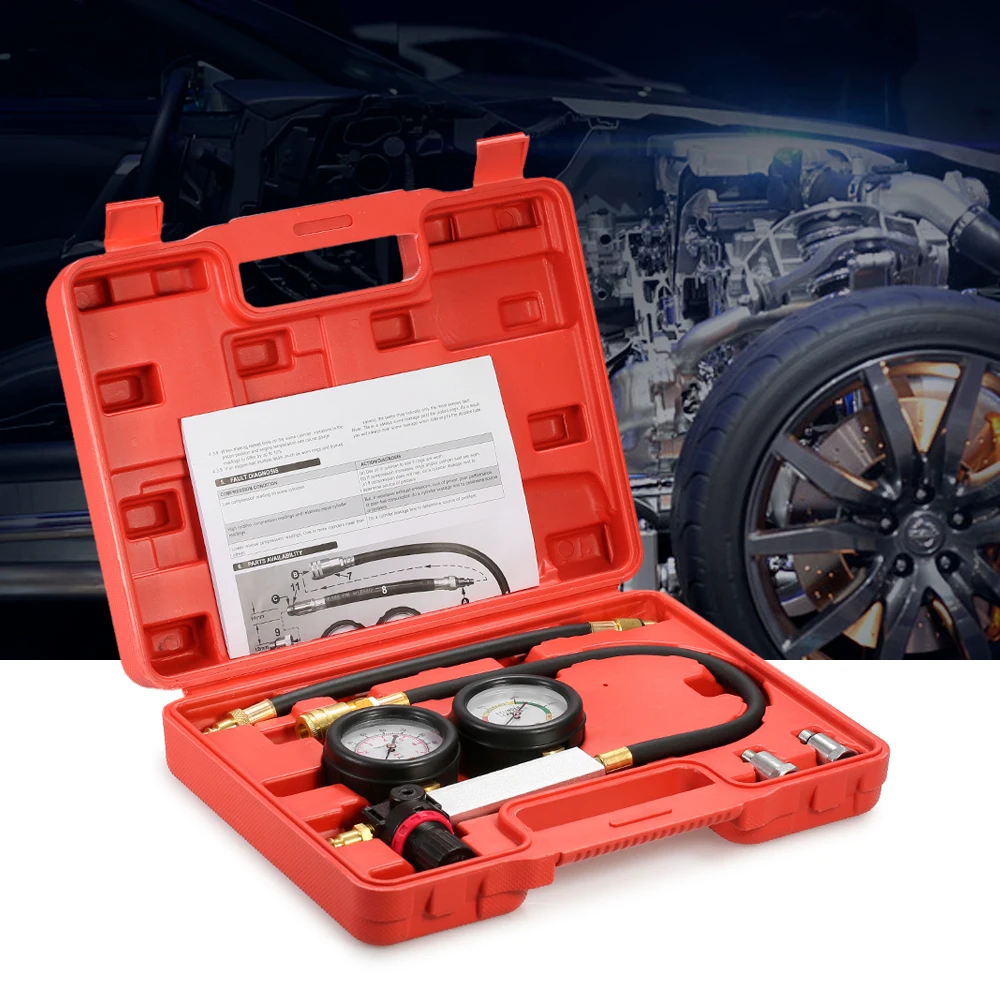 

Auto Cylinder Leak Tester Compression Leakage Detector Kit Set Petrol Engine Gauge Tool Kit Double Gauge System with Case