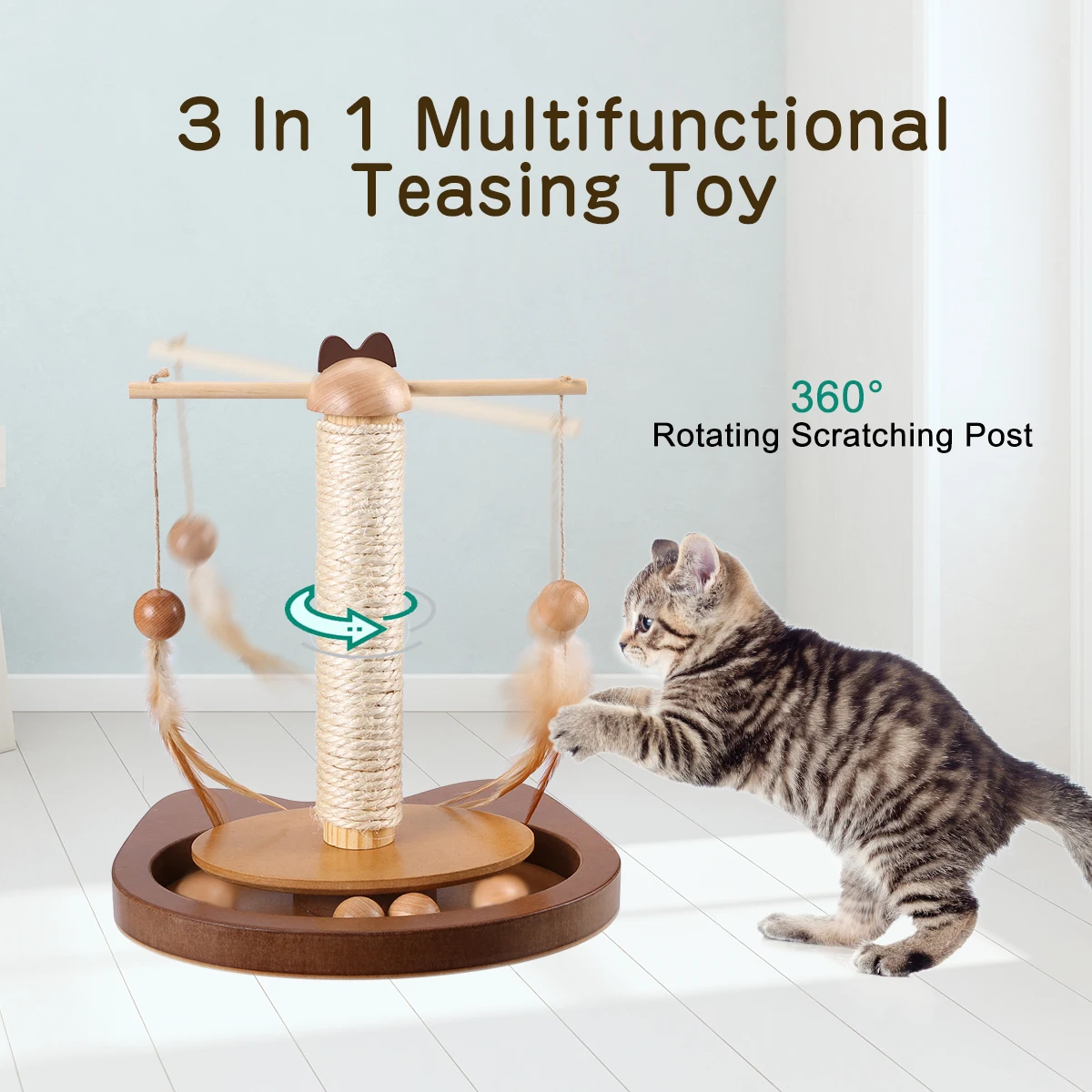 Multifunctional Teasing Toy For Cats Durable 360° Rotating Rod Cat Toys With Feather Wooden Balls Scratching Sisal Post