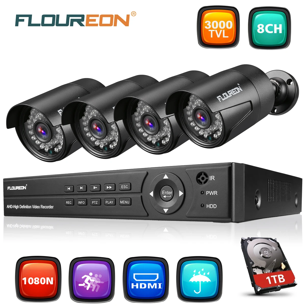 Floureon 8CH CCTV DVR комплект 4 шт. 3000TVL наружные водонепроницаемые камеры 1 ТБ HDD 1080P система видеонаблюдения камера NVR набор