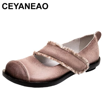 

CEYANEAO Spring Summer Autumn; women's retro style pumps with genuine leather with a fringe; shoes with ankle strap with rubber