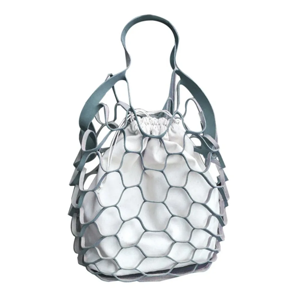 

New 2018 Summer Women Hollow Out Mesh Canvas Shoulder Bags Female Bucket Drawstring Beach Bag Leisure Handbags For Ladies
