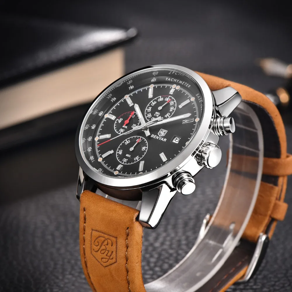 

Benyar Waterproof Sport Watch Men Top Brand Luxury Leather Quartz Chronograph Military Male Wrist Watch Men Clock horloges