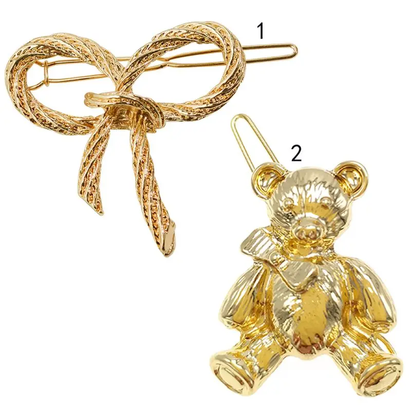

Vintage Sweet Girls Side Bangs Hair Clip Cute Cartoon Bear Bowknot Metallic Glitter Gold Hairpins Textured Surface Barrettes