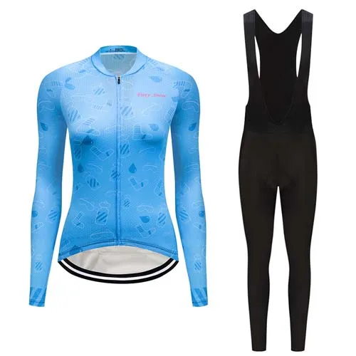 Women Winter thermal fleece cycling jersey set bicycle clothes uniform blouse skinsuit female bike clothing kit wear outfit - Цвет: jersey and pants  9