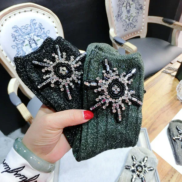 

2019 Fashion Cool Spring Candy Color Handmade Rhinestones Women Socks Christmas Knit Harajuku Hip hop Socks Women