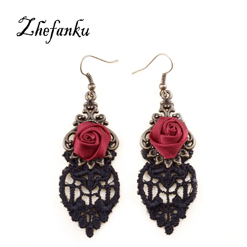 

Korean Fashion Personality Alloy Flowers Hollow Lace Red Rose Pendant Earrings Jewelry Women