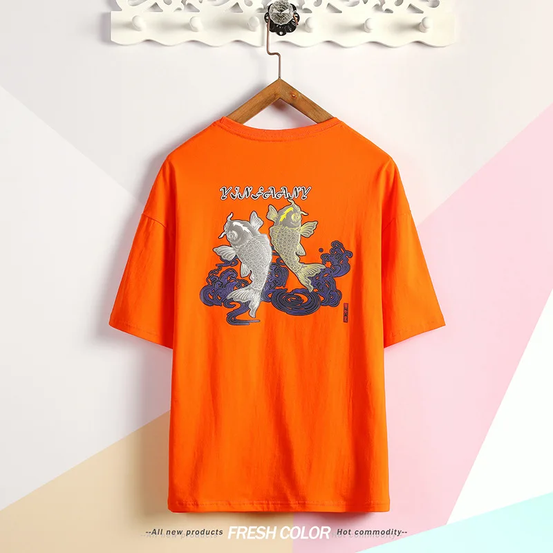

Streetwear Summer Cotton Handsome Half-sleeved Shoulder-drop T Shirt Men's Casual Two Fish Printed Funny T Shirts