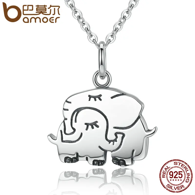 

BAMOER DUMBO AND MRS. JUMBO Pendant Necklaces 925 Sterling Silver Cute Elephant Hug Women S925 Jewelry for Mother Gift SCN065