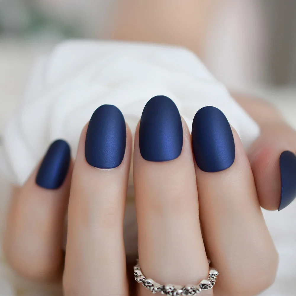 Великолепные матовые накладные ногти Короткие овальные алмазные синие с клеем