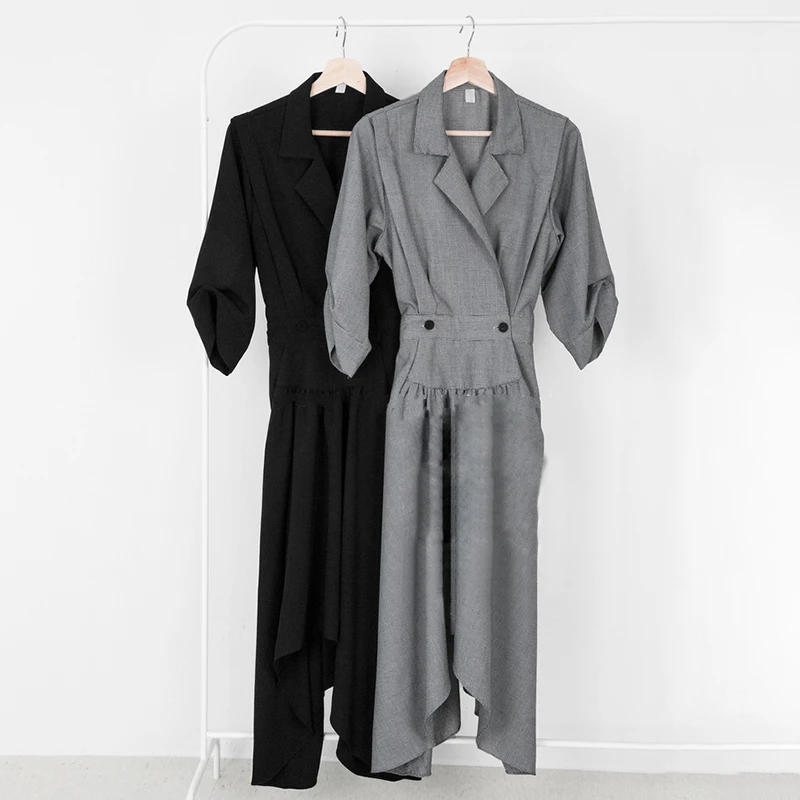 TWOTWINSTYLE/Платье-туника для женщин с v-образным вырезом и высокой талией, с рюшами и карманами, асимметричные платья миди, Весенняя Корейская одежда