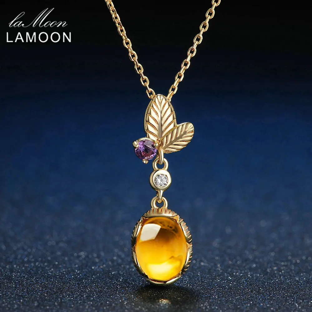 LAMOON 7x9mm 2ct 100% Natural Oval Citrine 925 Sterling Silver Jewelry Light Yellow Gold Color Chain Pendant Necklace LMNI010