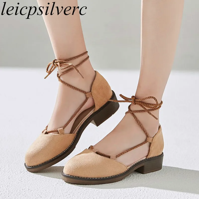 

Women Pumps Med Heels Shoes Spring Autumn Flock Round Toe Lace Up 2019 Sexy New Fashion Sewing Casual Party Wedding Brown Beige