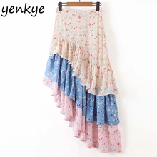 Patchwork Floral Print Holiday Boho Skirt Women Layered Ruffle Asymmetric Cake Skirt Elegant Lady High Waist Summer Skirt