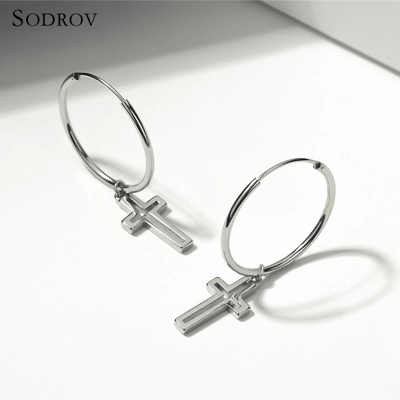 Серьги кольца с крестиком из 100% серебра Классический символ веры