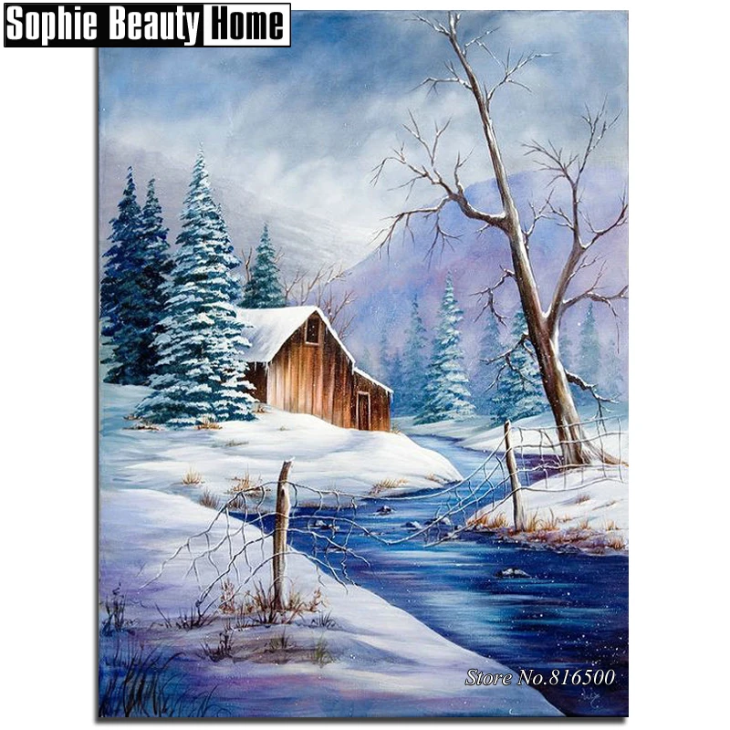 DIY 5D Diamond Mosaic Snow House River Tree Handmade Painting Cross Stitch Kits Rhinestones Embroidery Patterns 187038 | Дом и сад