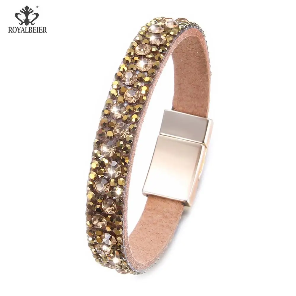RoyalBeier кожаный магнит кристалл женский браслет Высокое качество классические широкие Стразы инкрустированные женские мягкие браслеты лучший подарок - Окраска металла: SZ0763b