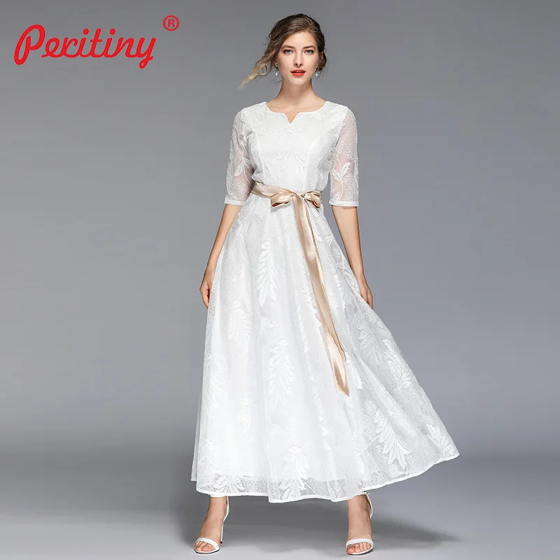 

Peritiny 2019 Summer Long Dress White Lace Soft Short Sleeve V Neck Maxi Dresses For Women Wedding Party Club Elegant Dress