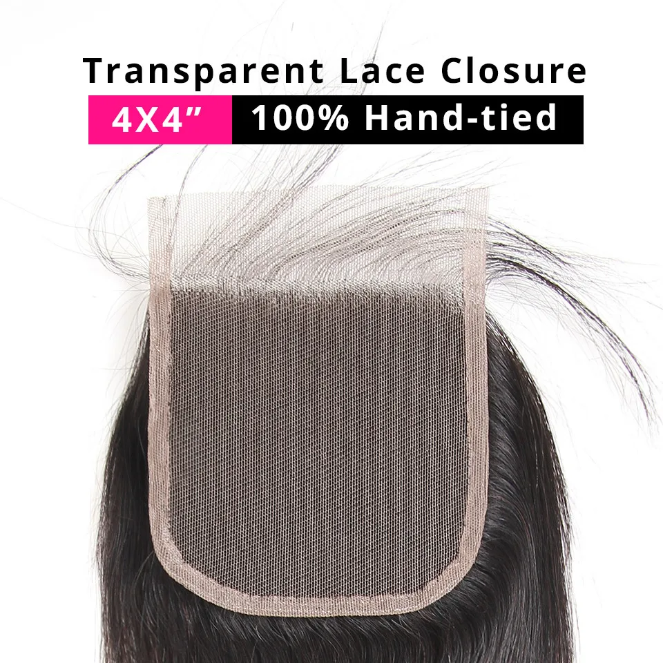 Прямой прозрачный кружева закрытие 4X4 бесплатная часть с детскими волосами предварительно бразильские прямые волосы застежка волосы Remy