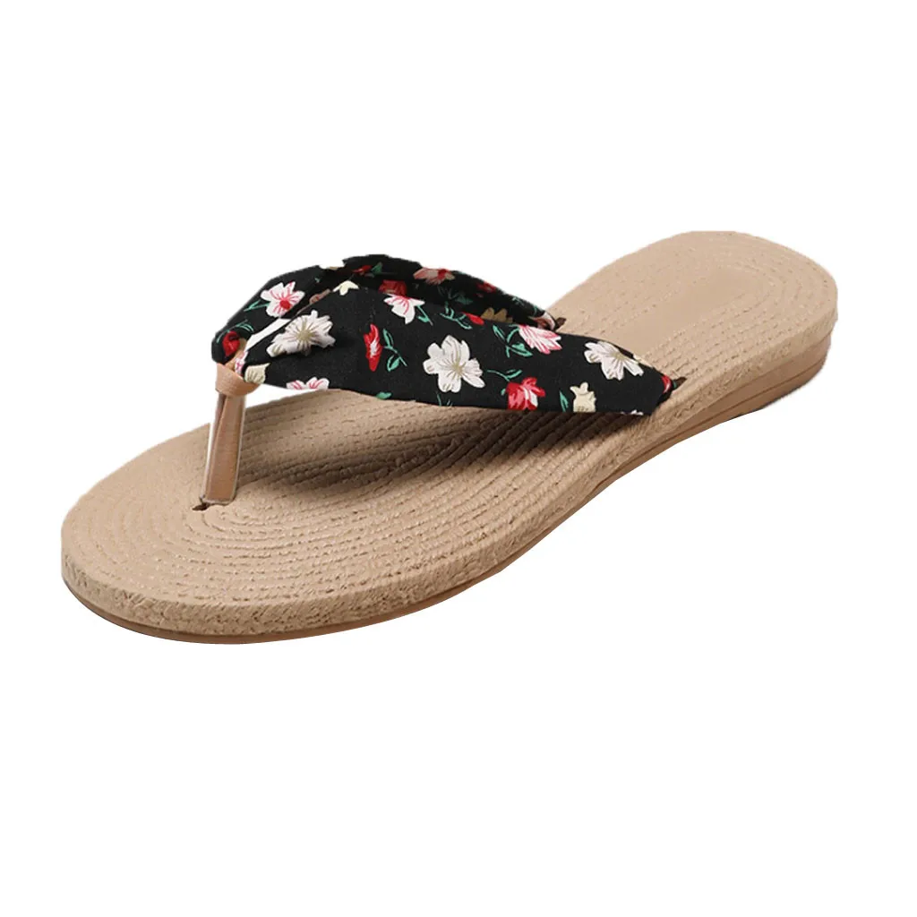 SAGACE; модные Нескользящие Вьетнамки с цветочным принтом; летние пляжные шлепанцы на низком каблуке для отдыха; классическая пляжная обувь без застежки с круглым носком - Цвет: Черный