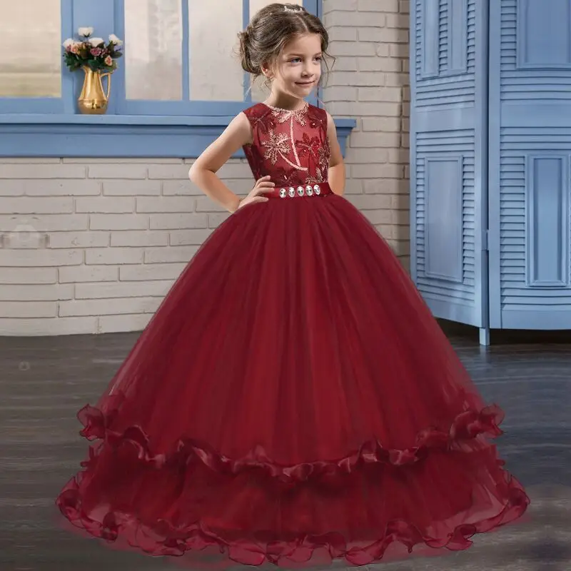 4-15Yrs Baby Girls Lace Wedding Flower Dress Elegant Sleeveless Pageant Long Kids Princess Clothes | Детская одежда и обувь