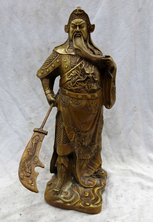 

14" China brass copper lucky dragon battle saint Guan Yu buddha Sculpture Statue