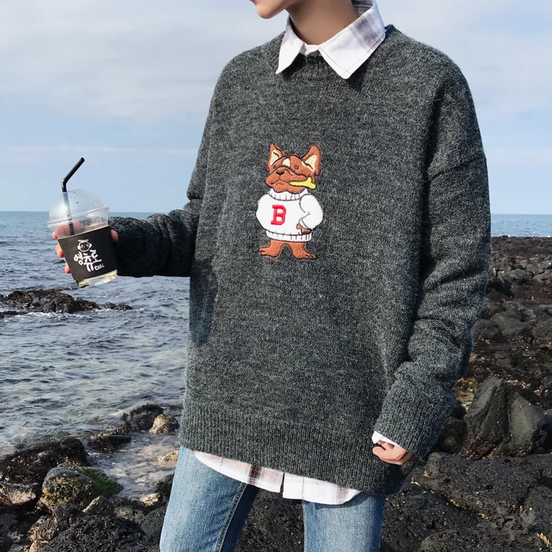 2017 Winter New font b Men s b font Fashion Woolen Knitting Cartoon Embroidery Pullovers Loose