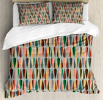 

Mid Century Duvet Cover Set Simple Two Colored Drop Shapes Grid Symmetrically Lined on Grey Background 4 Piece Bedding Set