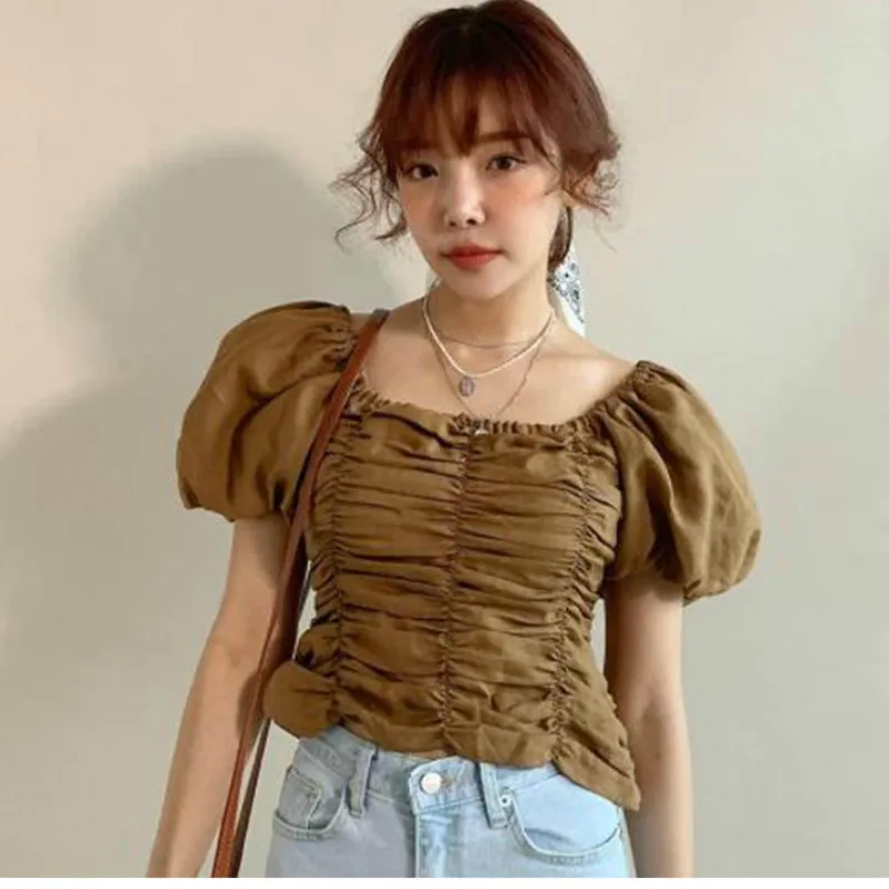 

Retro Pleated Square Collar Short Puff Sleeve Pleated Shirts Lace Folds Blouses High Waist Spliced Tops
