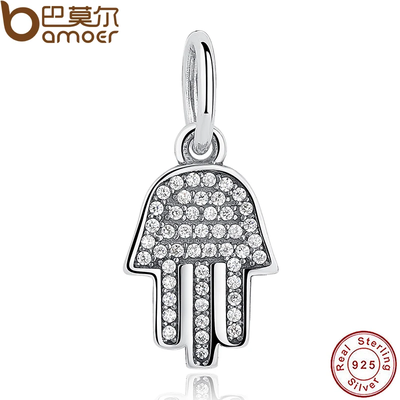 

925 Sterling Silver Jewelry Symbol Of Protection Clear CZ Pendant & Charm Fit Bracelet Palm-Shaped Hamsa Dangle Gift PAS048