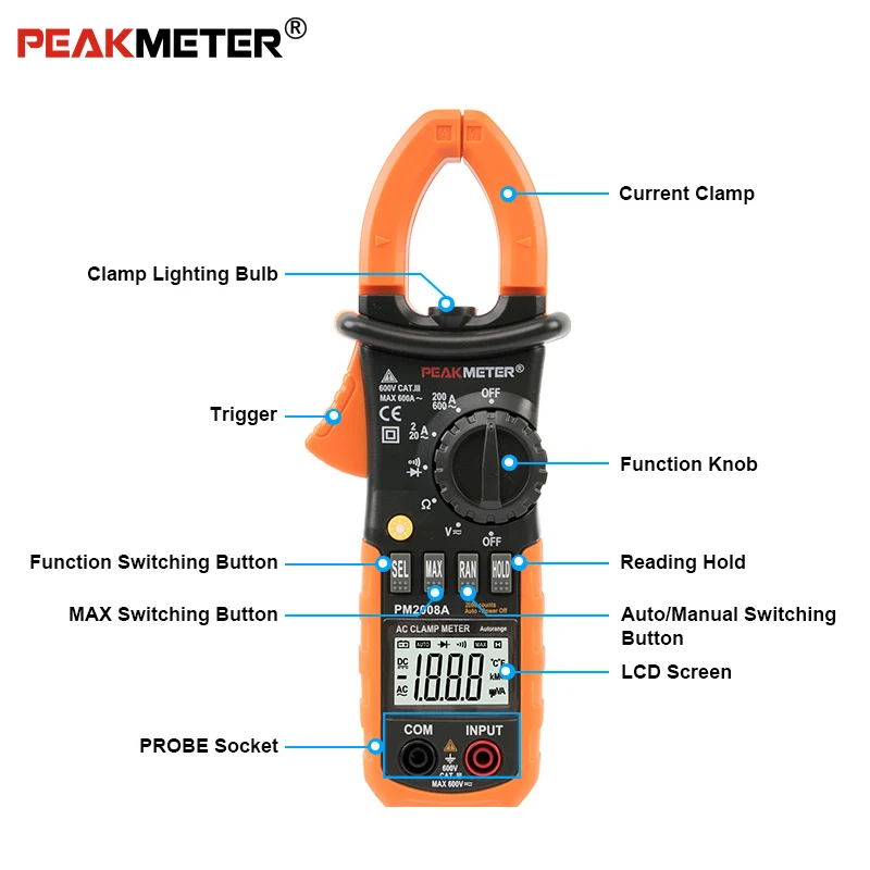 PEAKMETER PM2008A цифровые клещи Автоматический диапазон клещи Амперметр Вольтметр Омметр с ЖК-подсветкой тестер тока напряжения