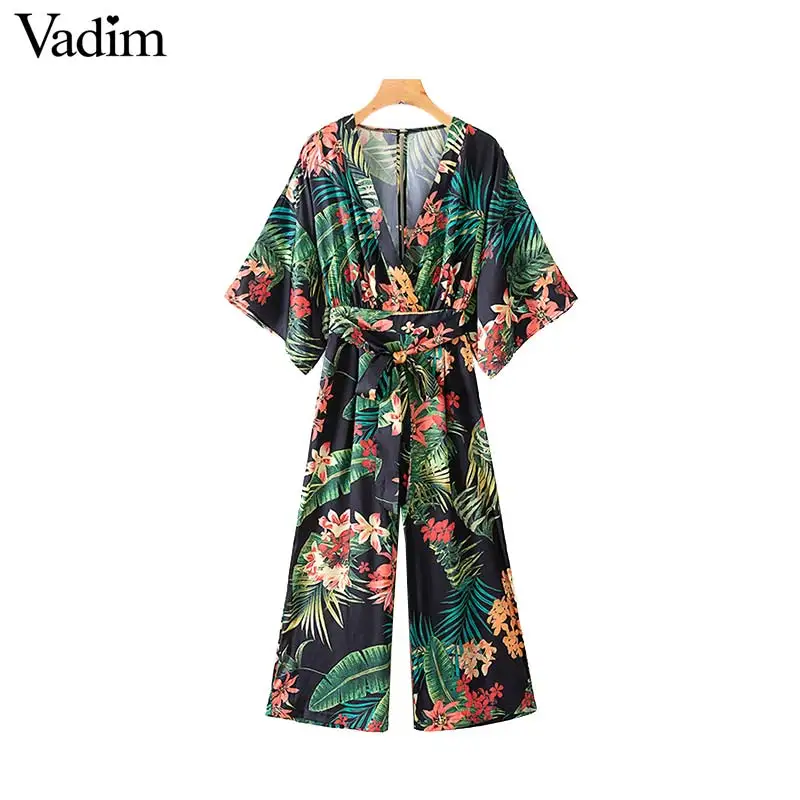 

Vadim women vintage print pattern long jumpsuit v neck bow tie sashes backless pockets female causal beach wear tops KA655