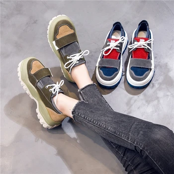 

2018 autumn and winter new fashion simple color matching thick soles casual shoes women trend leather flat shoes.