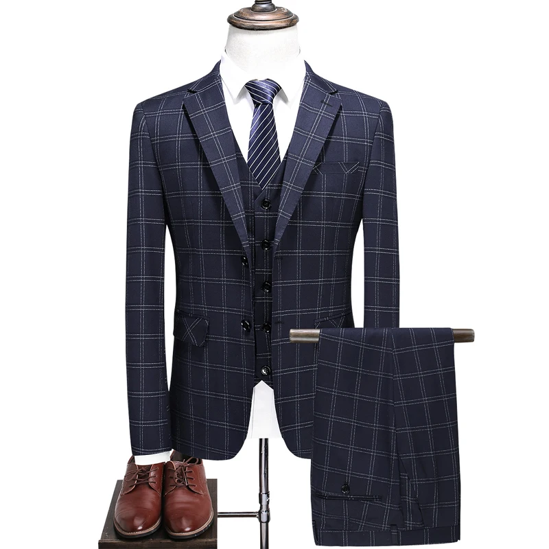 

Plaid British slim business suit three-piece blazer vest pants formal banquet trend Plus size S-5XL men's fashion suit