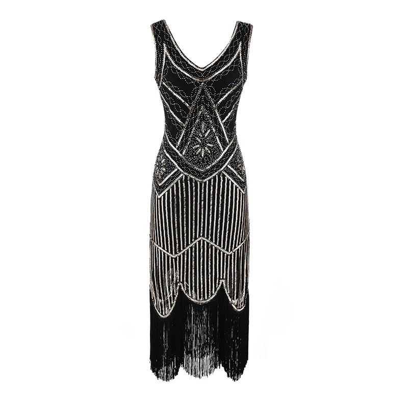Xs-2xlWomen вечерние платья, женское платье 1920s Great Gatsby, платье миди с блестками и бахромой, летнее черное платье в стиле ретро - Цвет: 083blackgolden