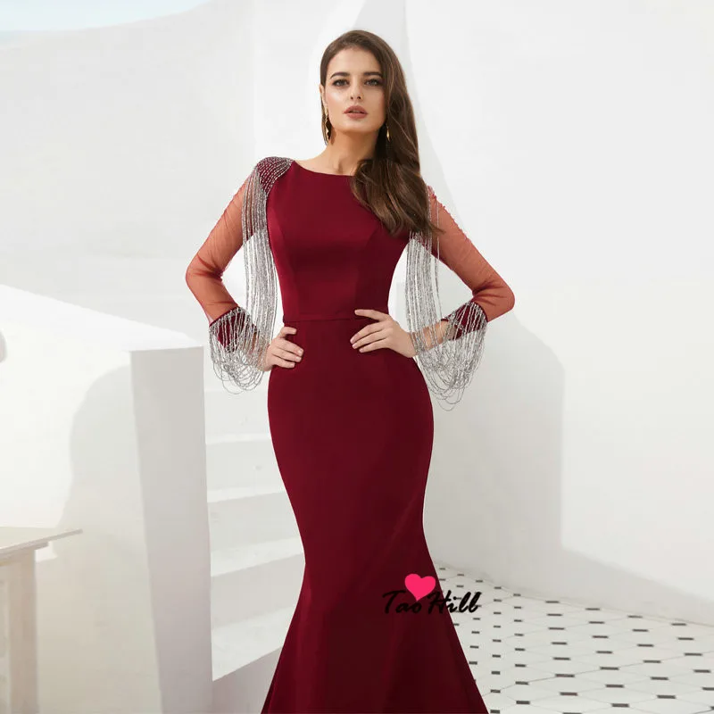 TaoHill Robe De Soiree бордовое вечернее платье Русалочки для невесты, тонкий бисер, сексуальный о-вырез, длина до пола, длинные рукава, вечерние платья для выпускного вечера