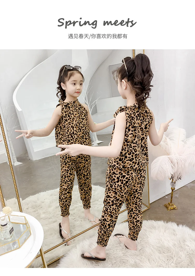 Conjuntos de Roupas Leopardo sem Mangas Camiseta + Calças Novas Crianças Verão Meninas Esportes Conjunto 2 Peças Roupas 4 6 8 10 12 13 Anos 2020 2 Cheap Conjuntos de roupas