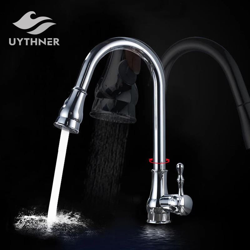 

Swivel Luxury Modern Chrome Kitchen Faucet Dual Spouts Single Handle Hole Mixer Tap Pull Down Sprayer Kitchen Faucet