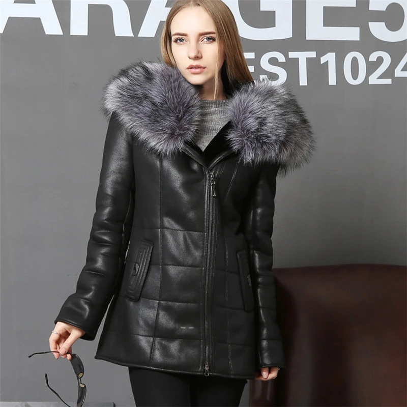 Women Coats thick Artificial Fashion Clothing Fur with skin Coat Winter Jacket  Suede Female Models leather Faux Fox Fur Collar