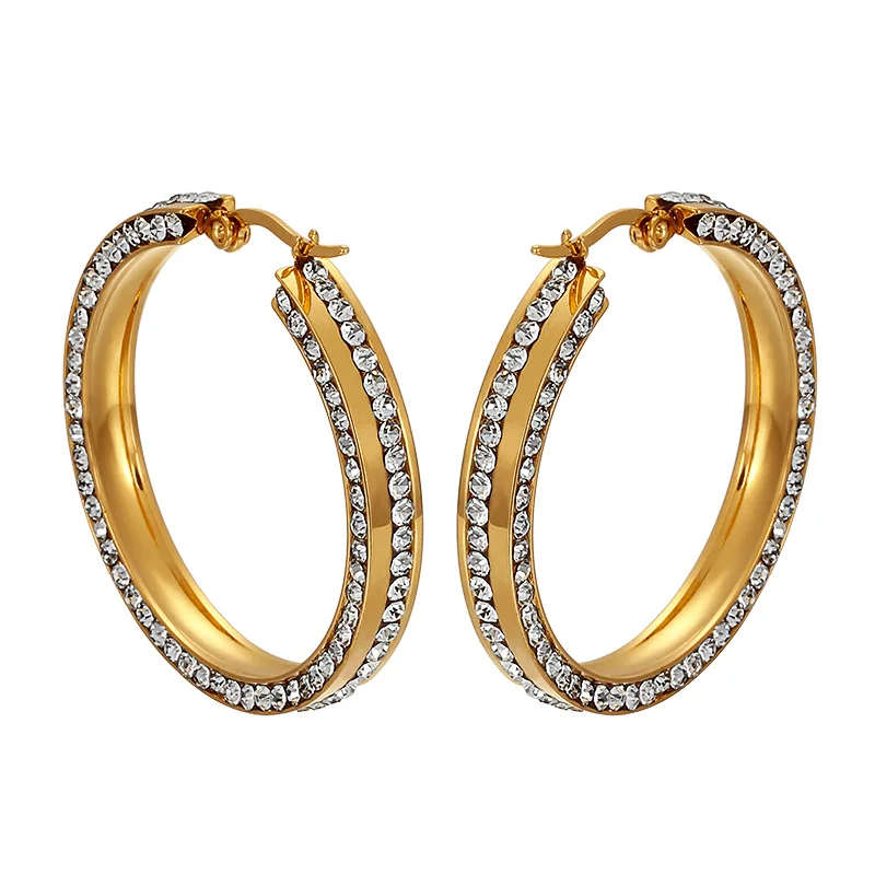 

Big Rhinestones Hoop Earrings Stainless Steel Gold Color Round Luxury Earrings For Women Ladies Fashion Jewelry Wedding Gift