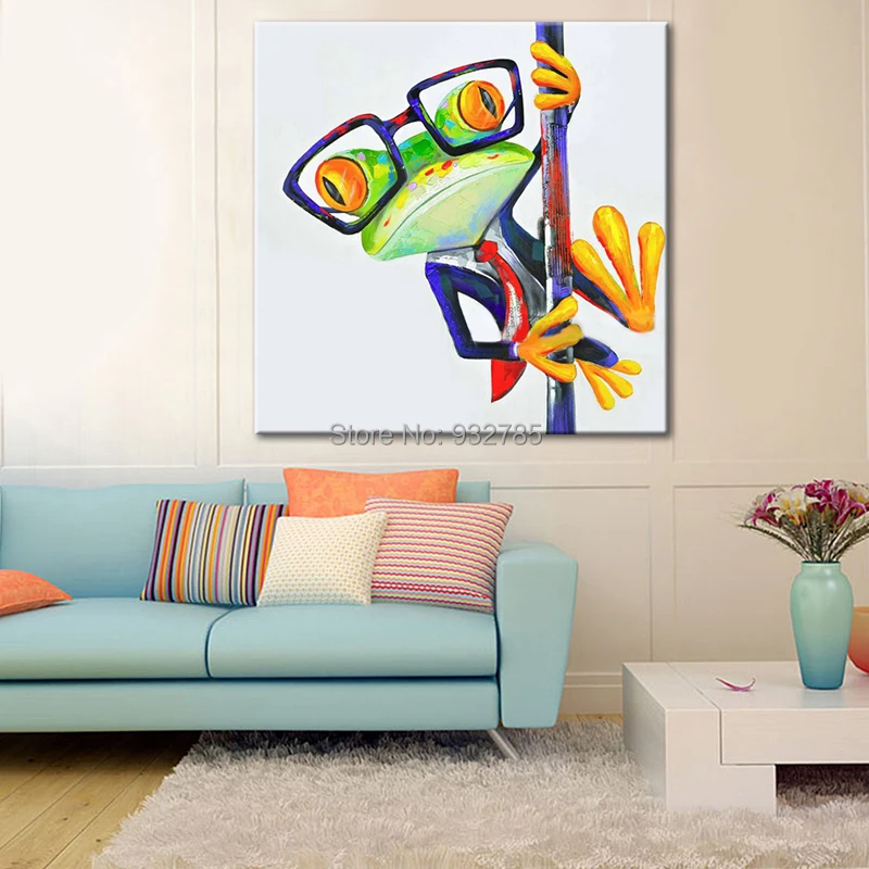 Large-Animal-Hand-Painted-Oil-Painting-Glasses-Frog-Funny-Cute-Modern-Pictures-Wall-Art-Home-Decor