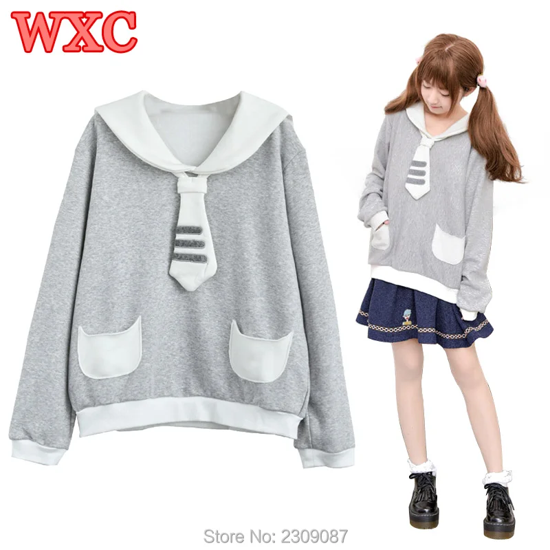 Harajuku Women Hoodies Japanese Style Sailor Collar Tie Cat Paw