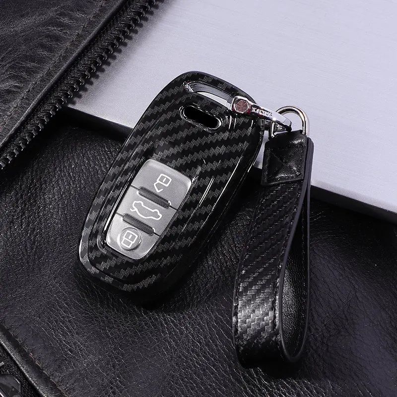 PC углеродное волокно полный защитный чехол автомобильный ключ чехол для Audi A6L A4L Q5 A3 A4 B6 B7 B8 автомобильный Стайлинг - Название цвета: C-black keychain