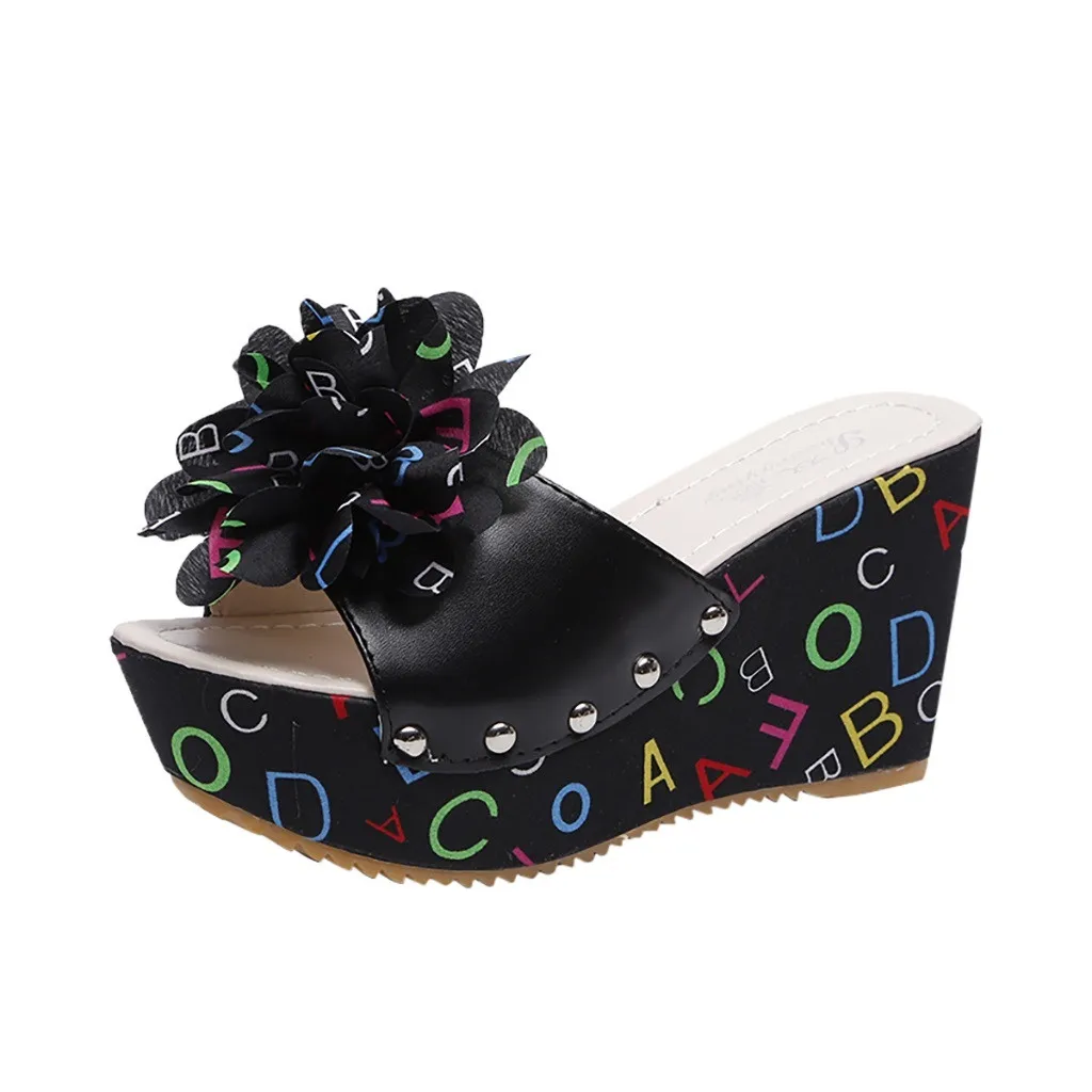 

Slope With Female Summer Wedges Flip-Flops Beach Shoes Solid High-Heeled Platform Slippers Flower Fashion Element Apr 23