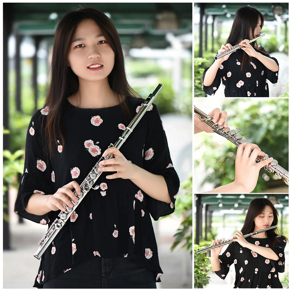 Western Concert Flute Silver Plated 16 Holes C Key Cupronickel Woodwind Instrument with Cleaning Cloth Stick Bag