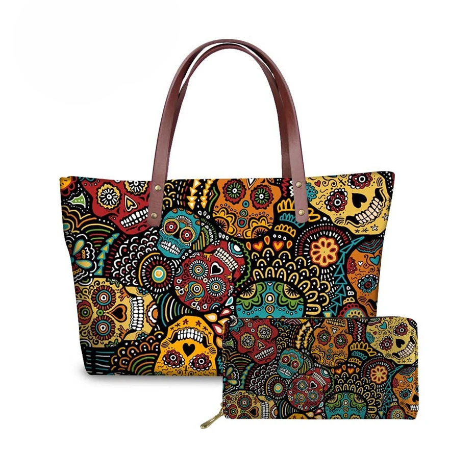 

NOISYDESIGNS Handbag&Wallet Women Sugar Skull Printing 2pcs/set Handbags Ladies Fashion Shoulder Tote Bag for Females Hand Bag