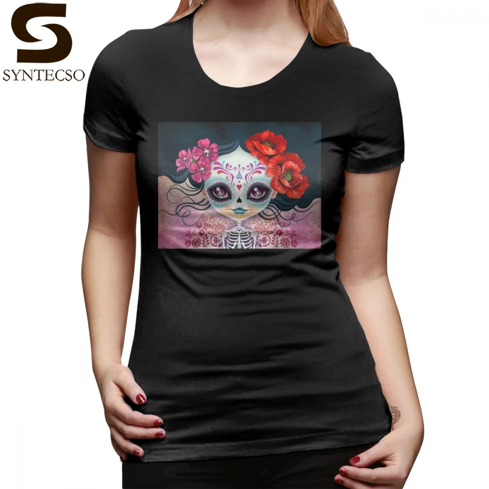 عظام الجمجمة تي شيرت أميليا Calavera السكر الجمجمة T قميص مطبوعة القطن المرأة التي شيرت يا الرقبة عارضة العصرية الفضة السيدات المحملة قميص